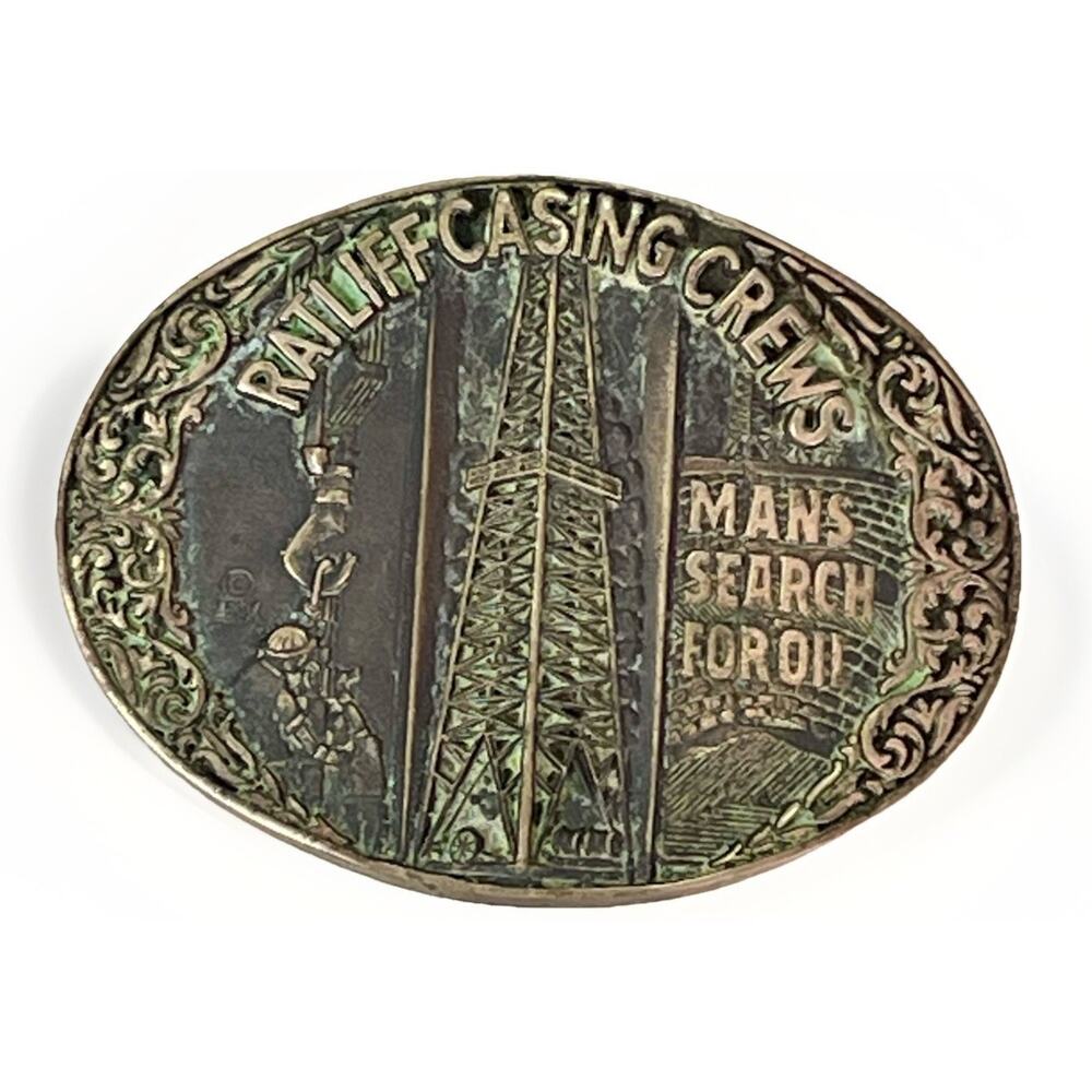 VTG Oil field Brass Belt Buckle Mans Search for Oil Derrick Award ADM - Ratliff